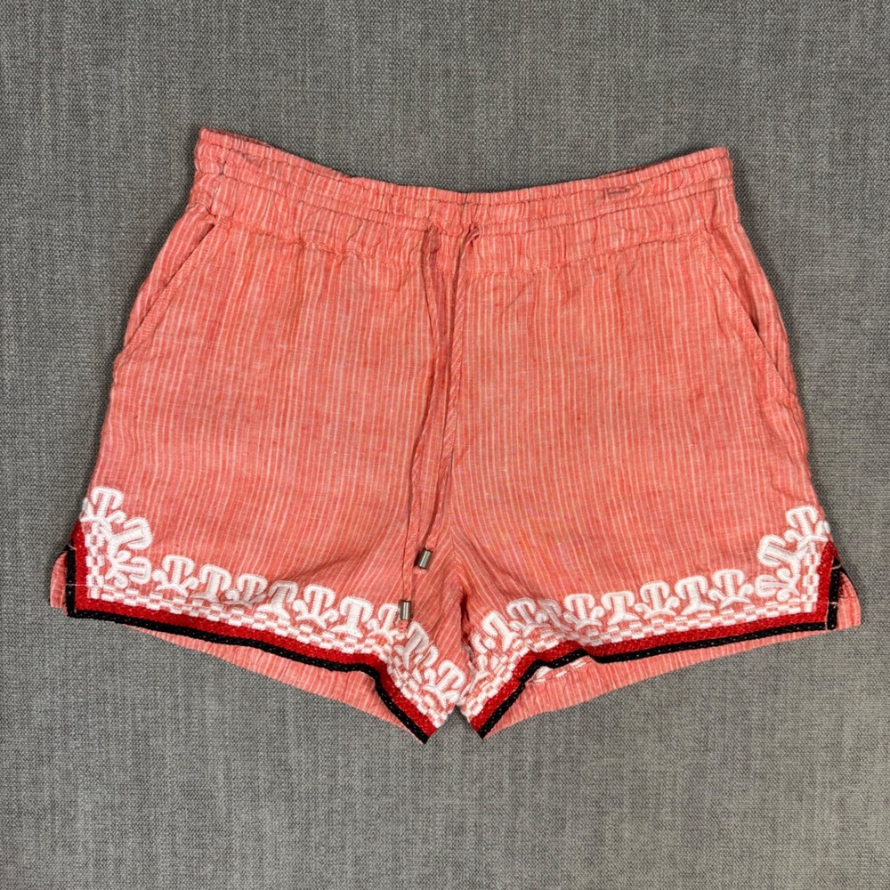 Anthropologie XS Linen‎ Shorts Coral Striped Embroidered Boho